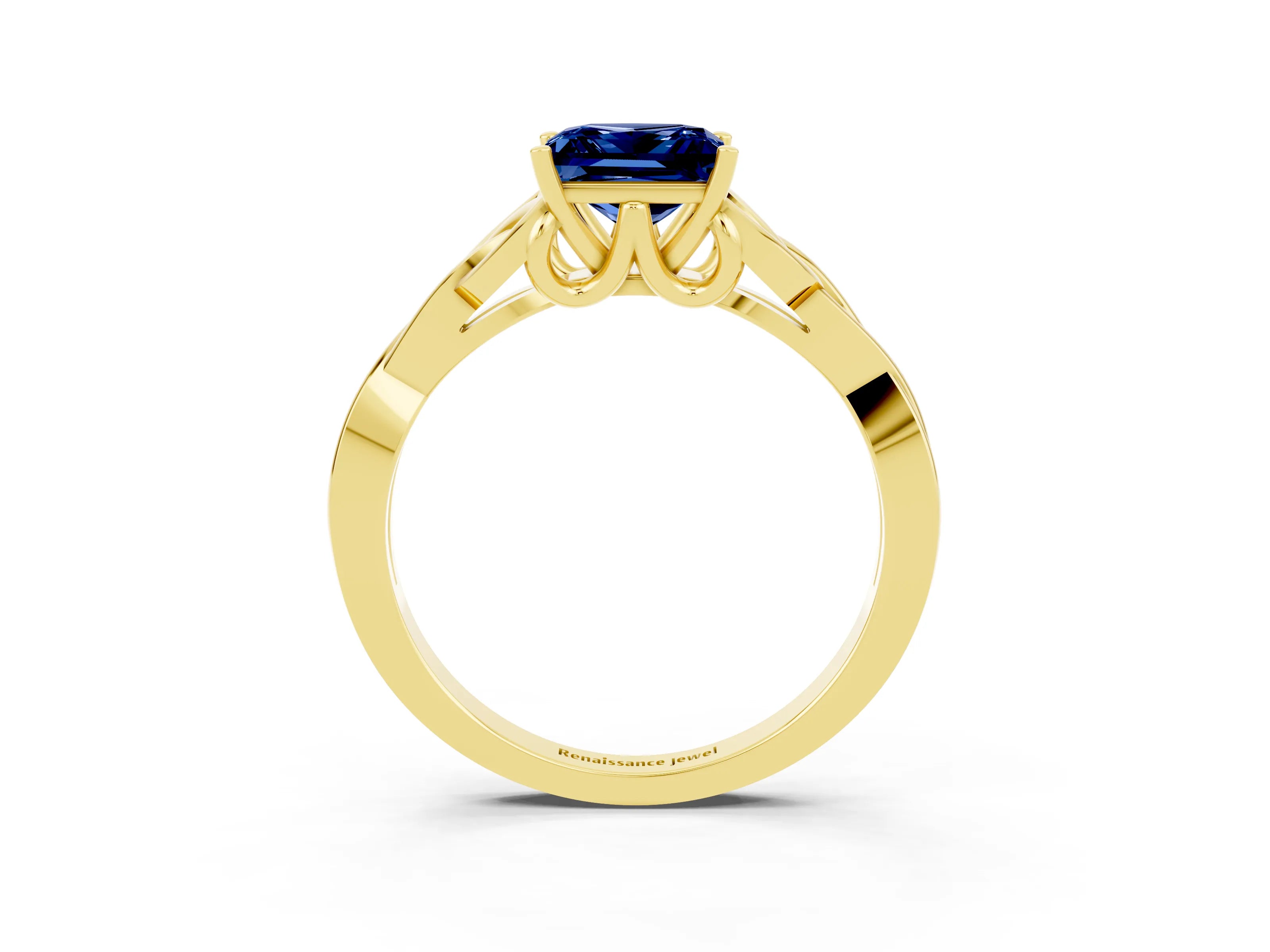Yellow gold Princess Cut Blue Sapphire Solitaire Celtic Knot Ring with Four-Prong Setting_15