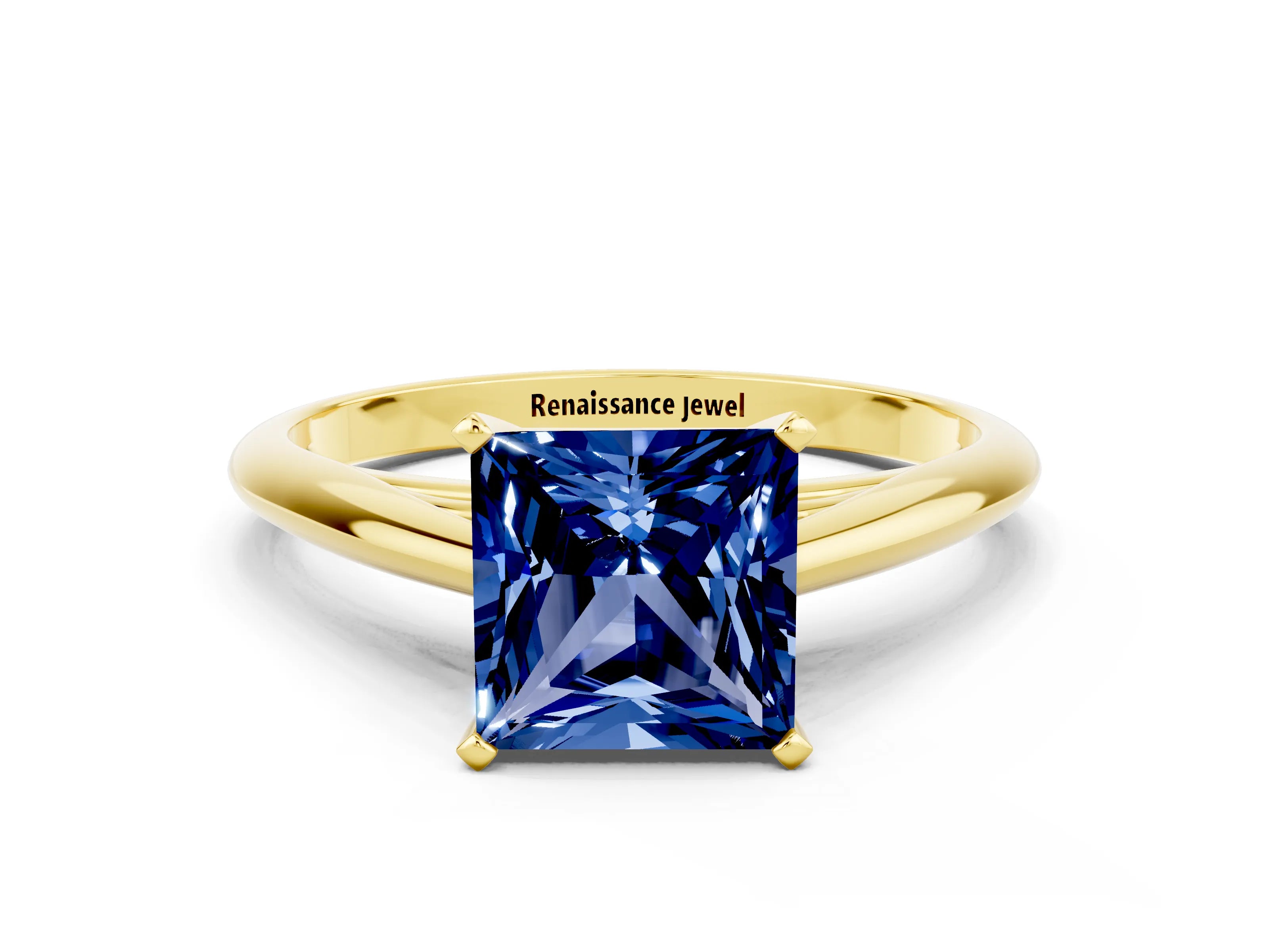 Yellow gold Princess Cut Blue Sapphire Solitaire Engagement Ring with Cathedral Setting and Four-Prong Mount_12
