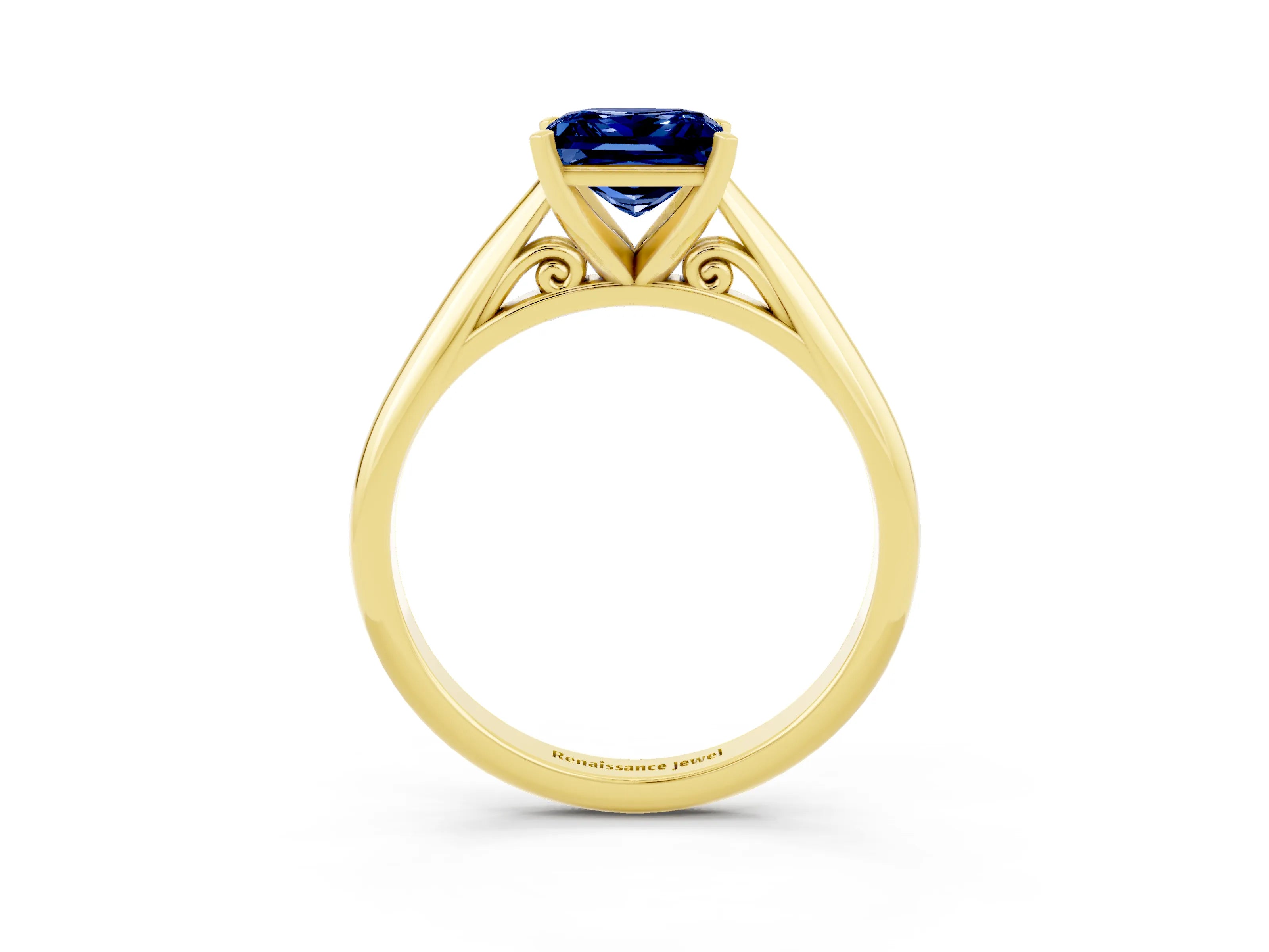 Yellow gold Princess Cut Blue Sapphire Solitaire Engagement Ring with Cathedral Setting and Four-Prong Mount_15