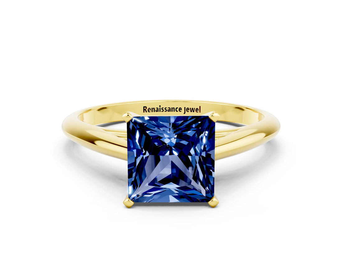 Yellow gold Princess Cut Blue Sapphire Solitaire Engagement Ring with Cathedral Setting and Four-Prong Mount_72