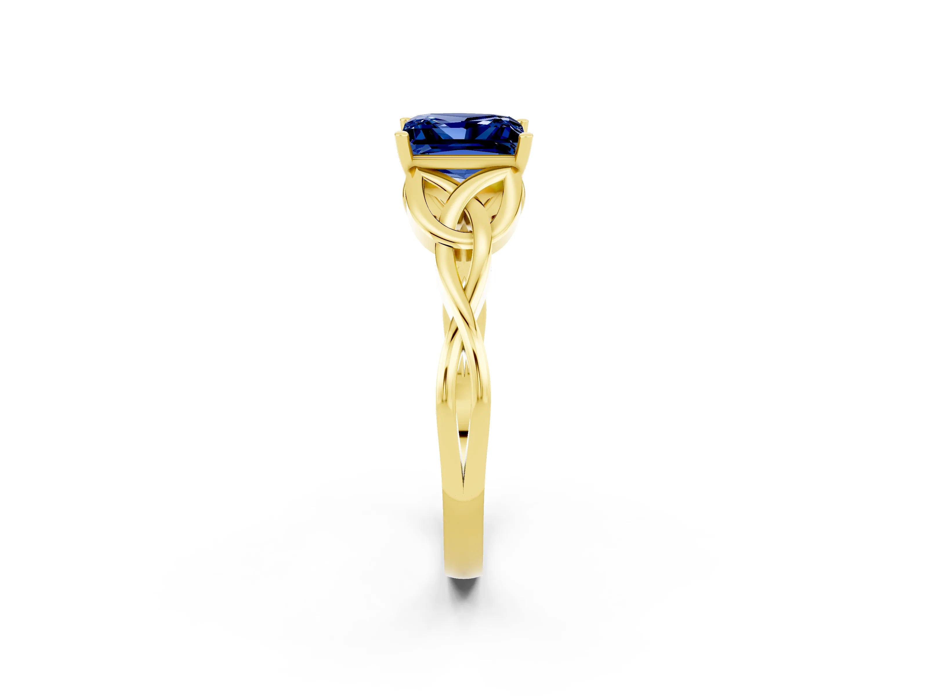 Yellow gold Princess Cut Blue Sapphire Solitaire Engagement Ring with Celtic Knot Band and Four-Prong Setting_2