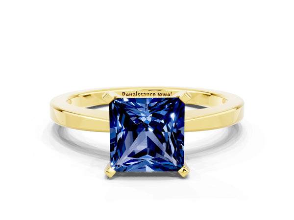 Yellow gold Princess Cut Blue Sapphire Solitaire Engagement Ring with Classic Band and Four-Prong Setting