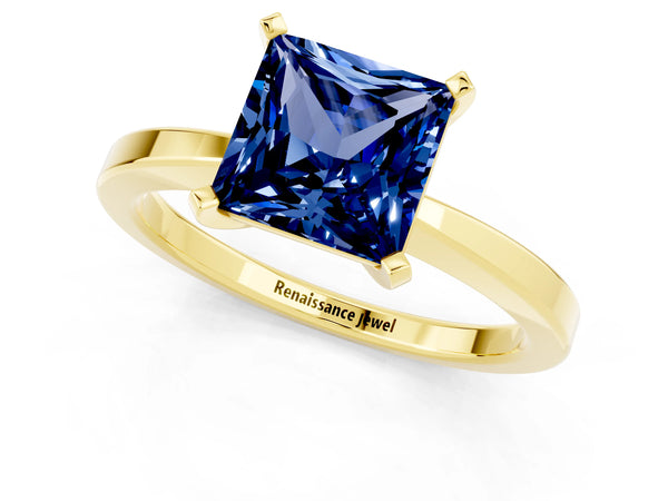 Yellow gold Princess Cut Blue Sapphire Solitaire Engagement Ring with Classic Band and Four-Prong Setting