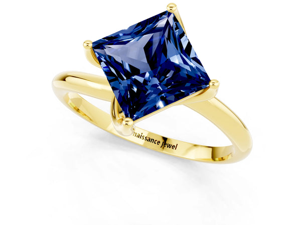 Yellow gold Princess Cut Blue Sapphire Solitaire Engagement Ring with Four-Prong Setting and Classic Band