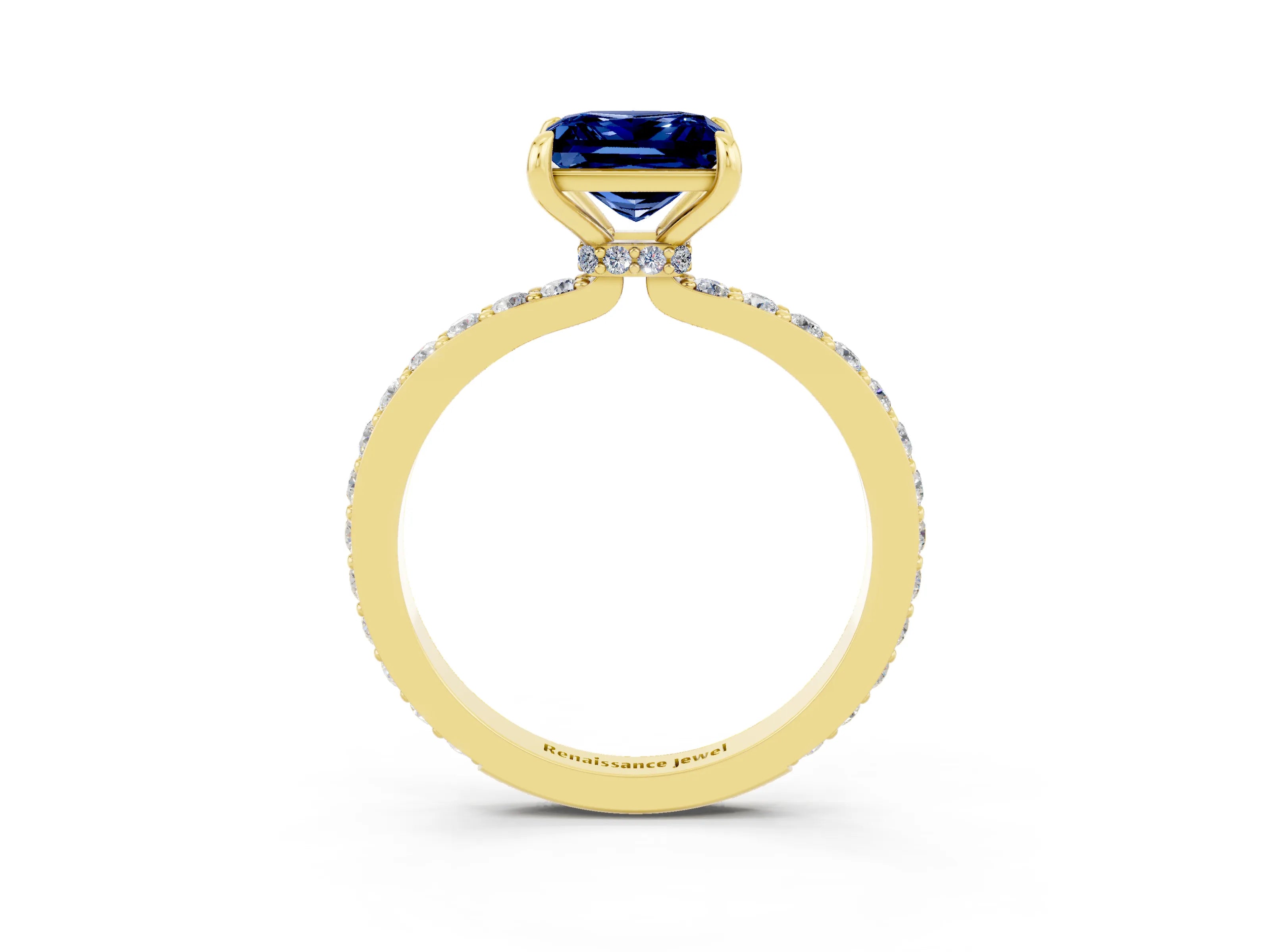 Yellow gold Princess Cut Blue Sapphire Solitaire Engagement Ring with Pavé Band and Four-Prong Setting_3