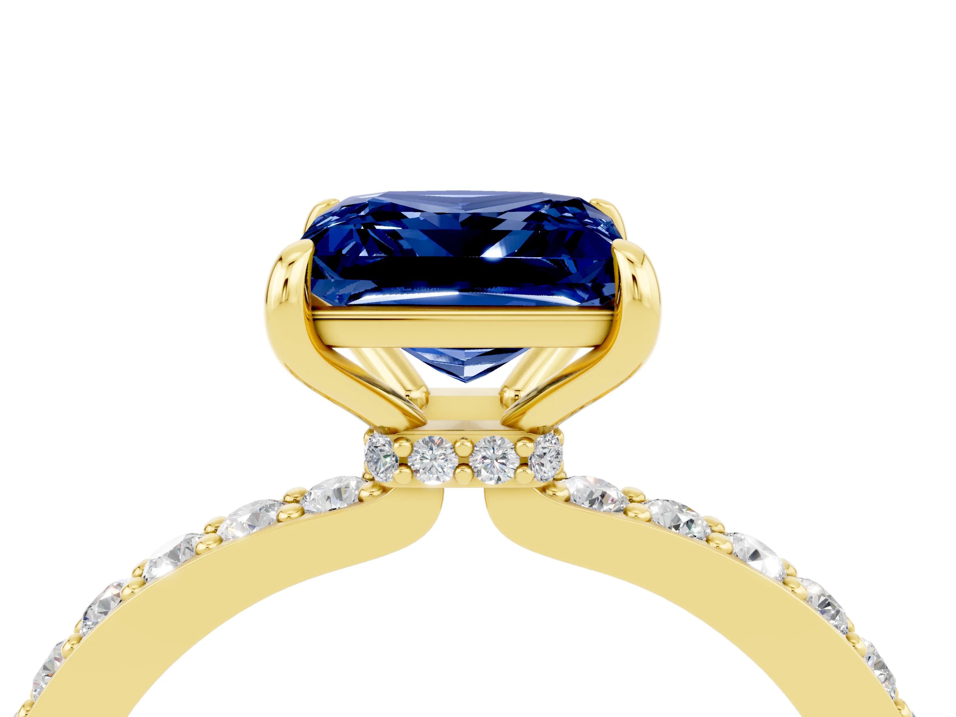 Yellow gold Princess Cut Blue Sapphire Solitaire Engagement Ring with Pavé Band and Four-Prong Setting_4