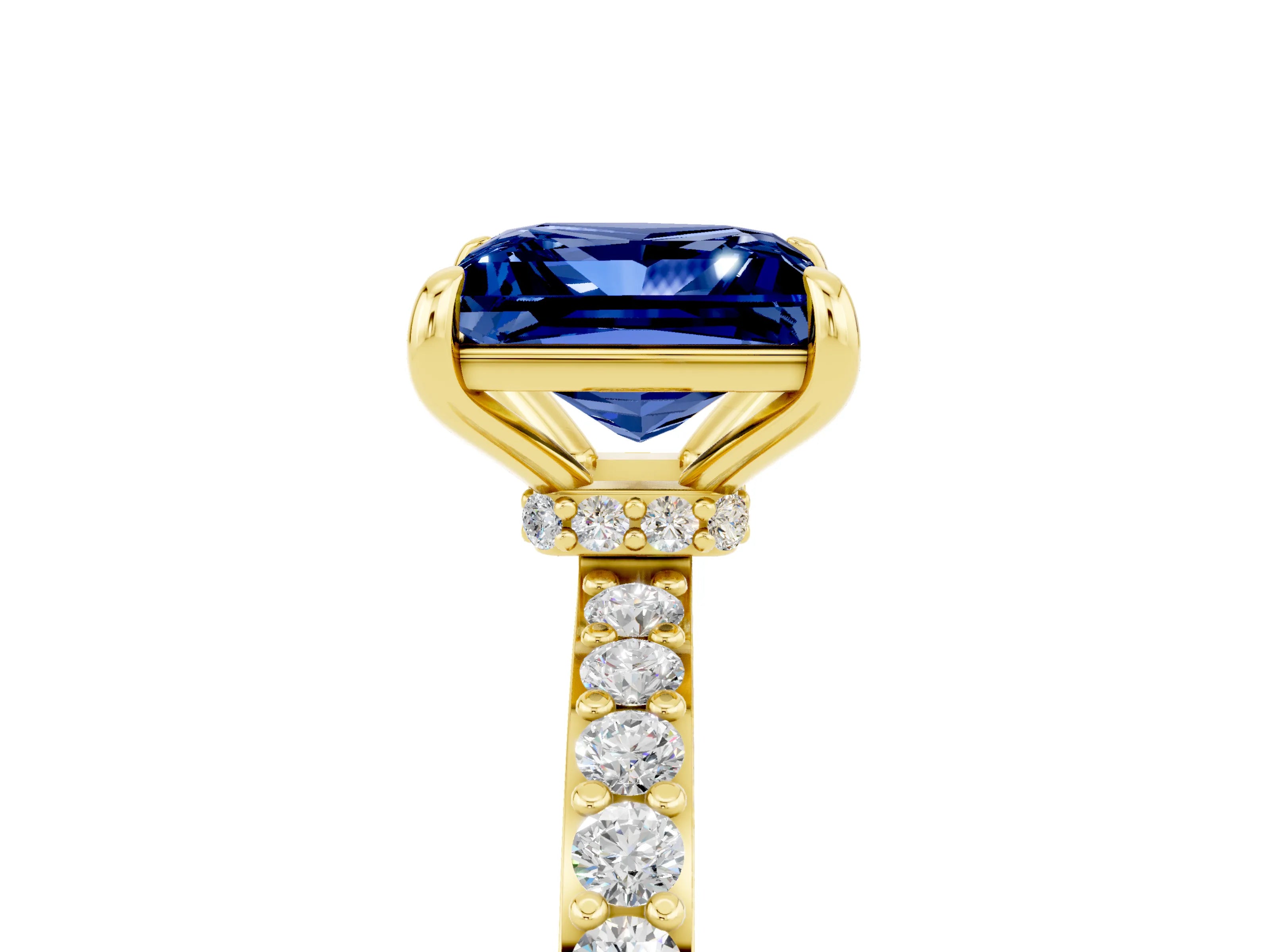 Yellow gold Princess Cut Blue Sapphire Solitaire Engagement Ring with Pavé Band and Four-Prong Setting_5