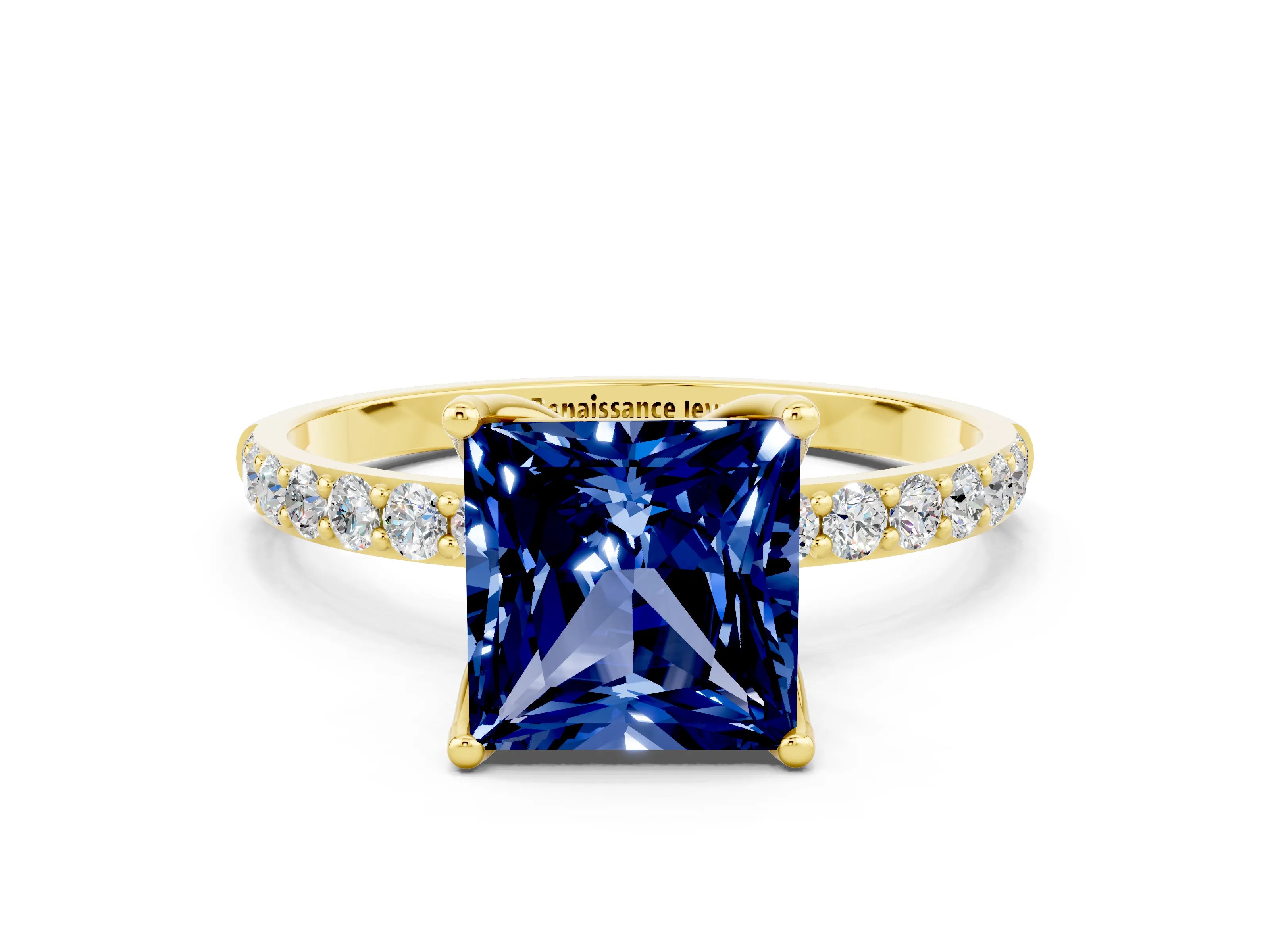 Yellow gold Princess Cut Blue Sapphire Solitaire Engagement Ring with Pavé Band and Prong Setting