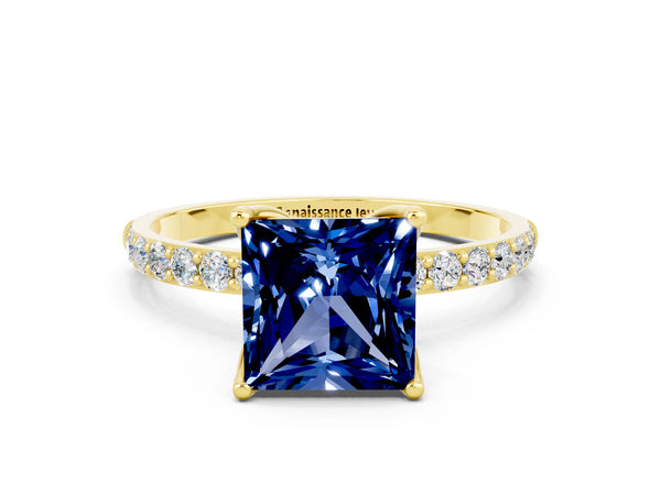 Yellow gold Princess Cut Blue Sapphire Solitaire Engagement Ring with Round  Pavé Band and Prong Setting