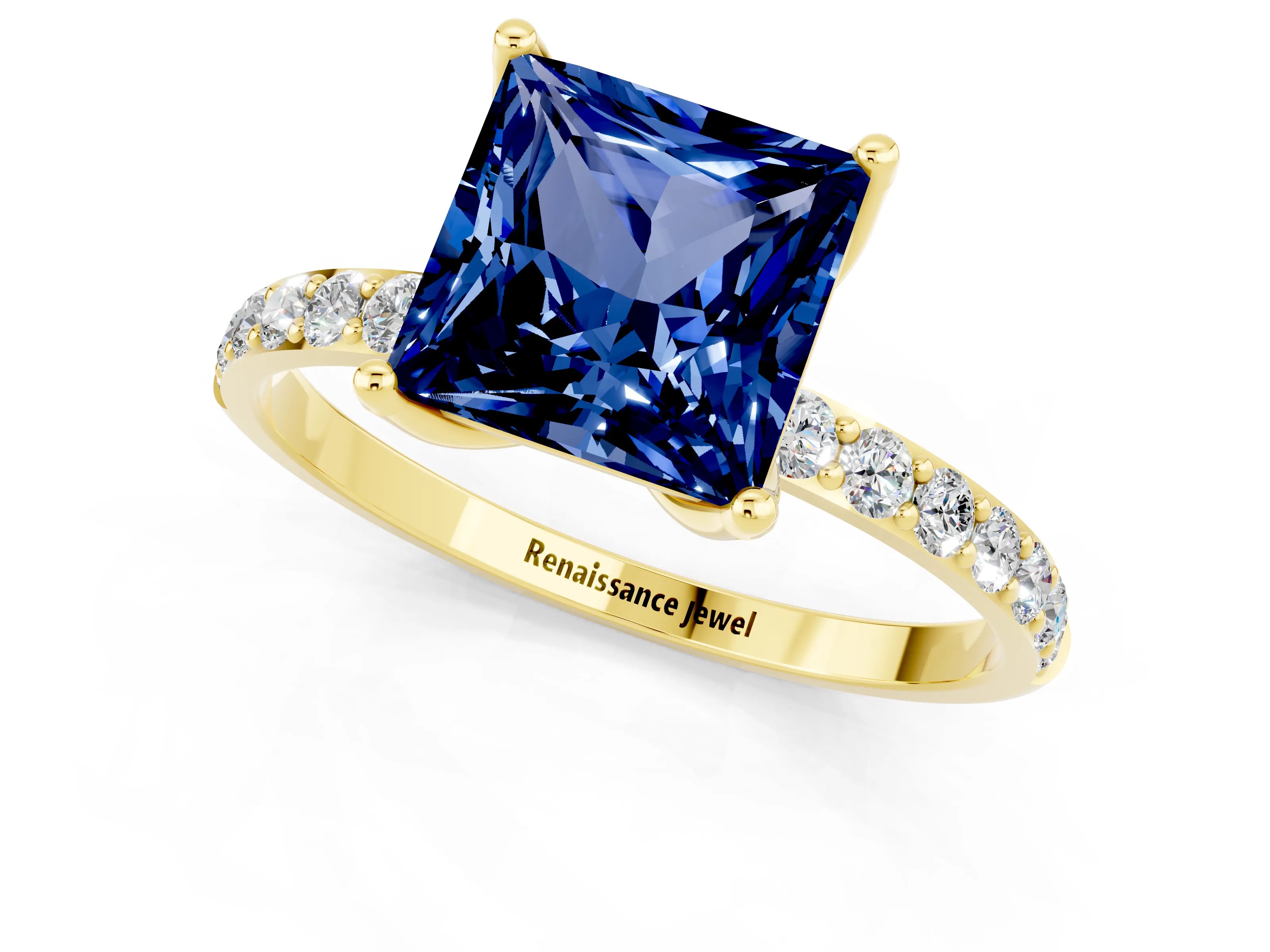 Yellow gold Princess Cut Blue Sapphire Solitaire Engagement Ring with Pavé Band and Prong Setting_1