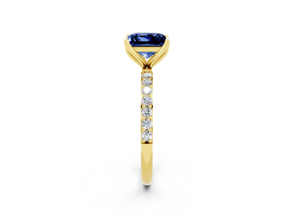 Yellow gold Princess Cut Blue Sapphire Solitaire Engagement Ring with Round  Pavé Band and Prong Setting