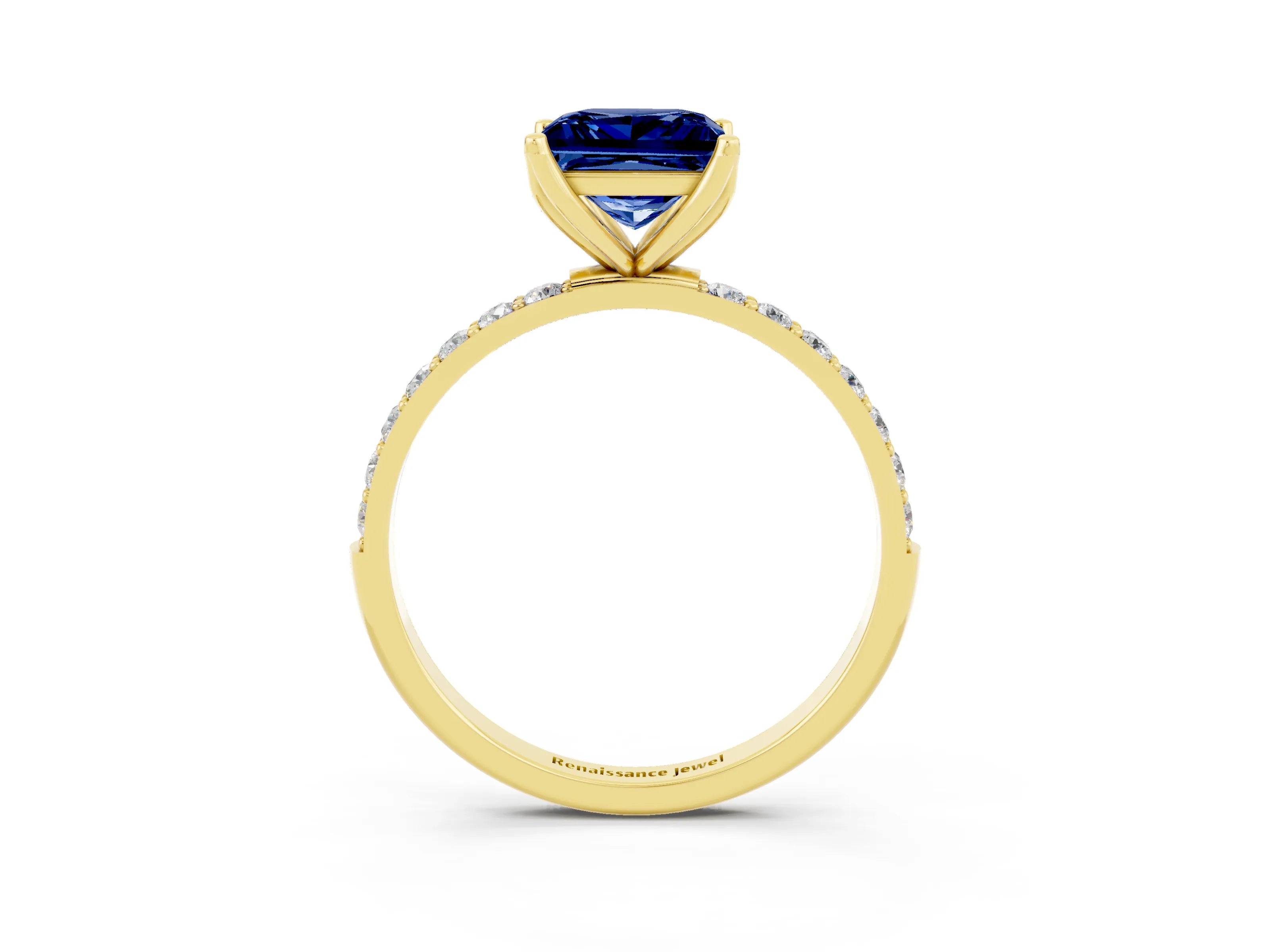 Yellow gold Princess Cut Blue Sapphire Solitaire Engagement Ring with Pavé Band and Prong Setting_3