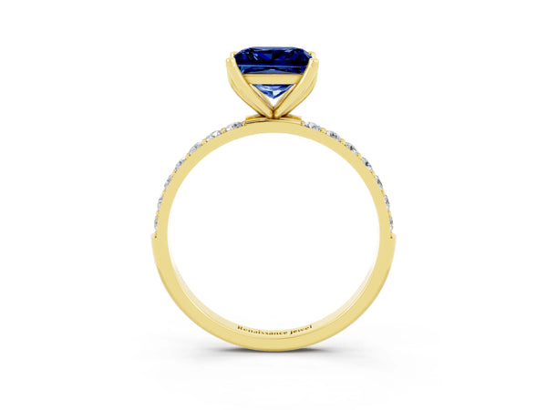 Yellow gold Princess Cut Blue Sapphire Solitaire Engagement Ring with Round  Pavé Band and Prong Setting