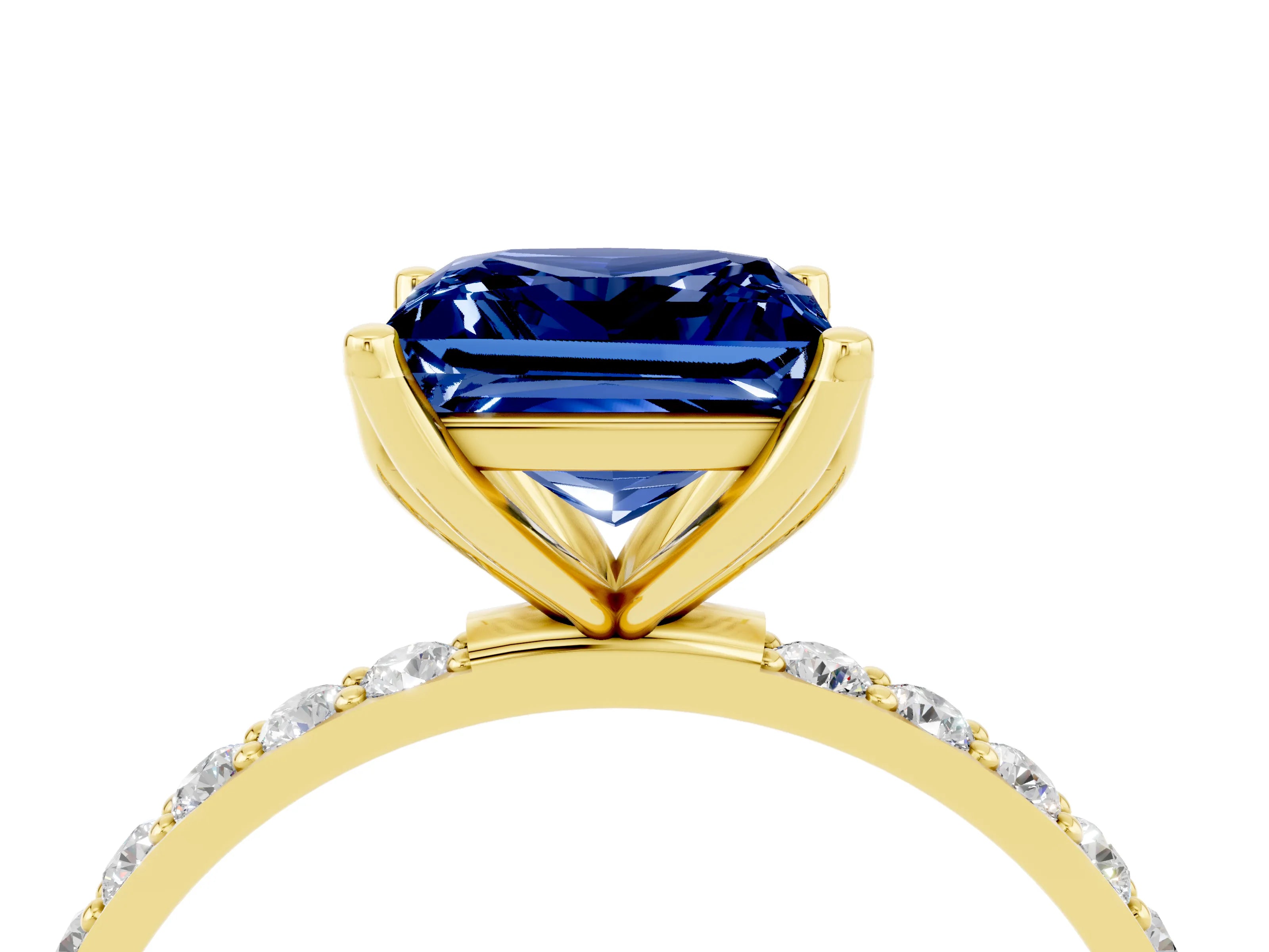 Yellow gold Princess Cut Blue Sapphire Solitaire Engagement Ring with Pavé Band and Prong Setting_4