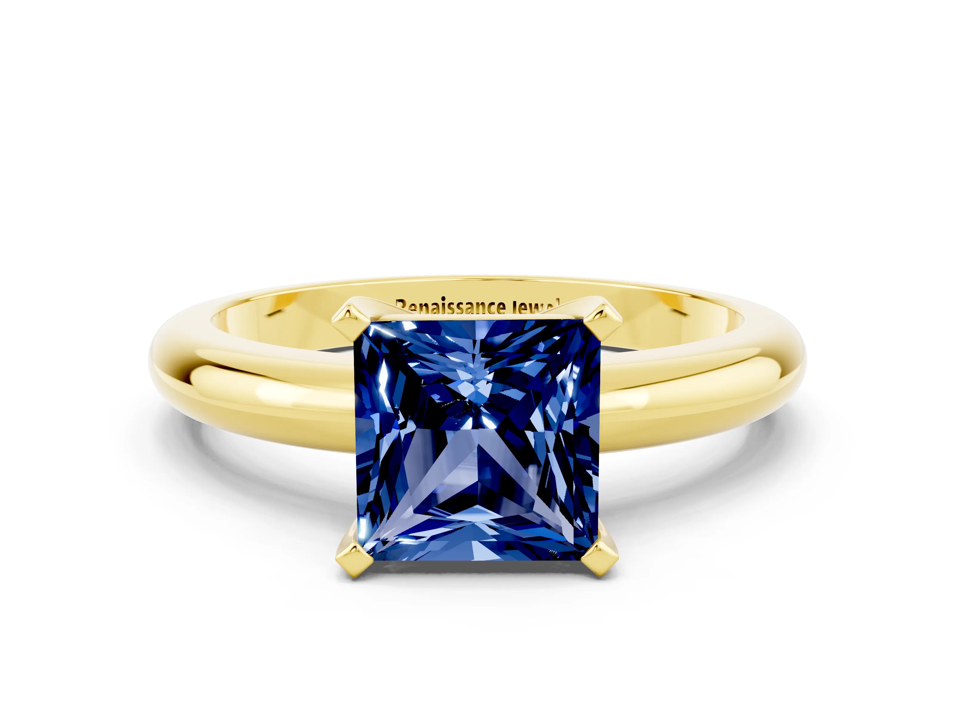 Yellow gold Princess Cut Blue Sapphire Solitaire Engagement Ring with Round Band and Four-Prong Setting