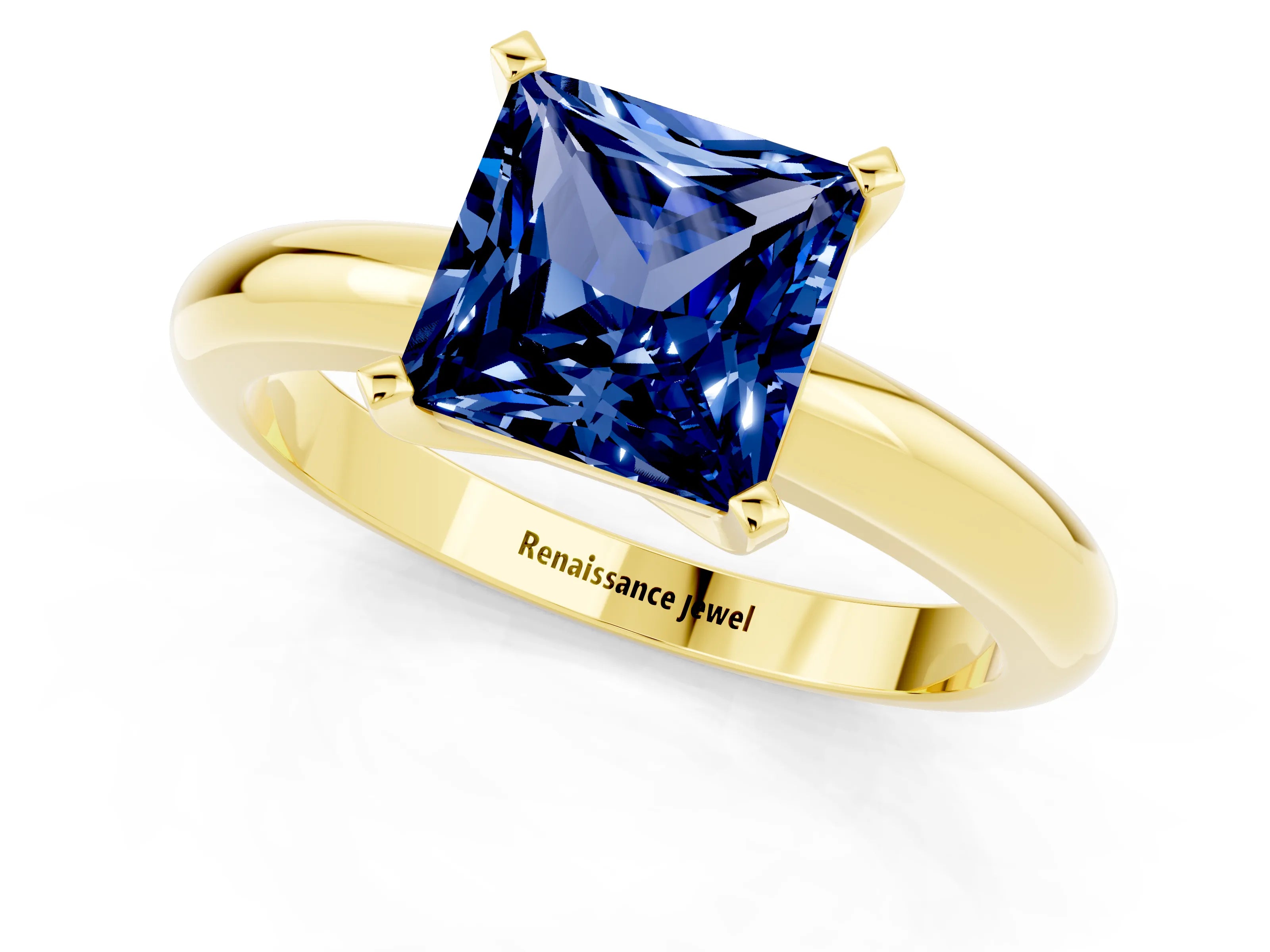 Yellow gold Princess Cut Blue Sapphire Solitaire Engagement Ring with Round Band and Four-Prong Setting_1