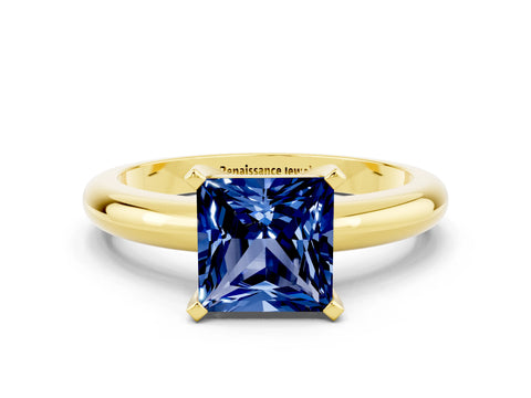 Yellow gold Princess Cut Blue Sapphire Solitaire Engagement Ring with Round Band and Four-Prong Setting