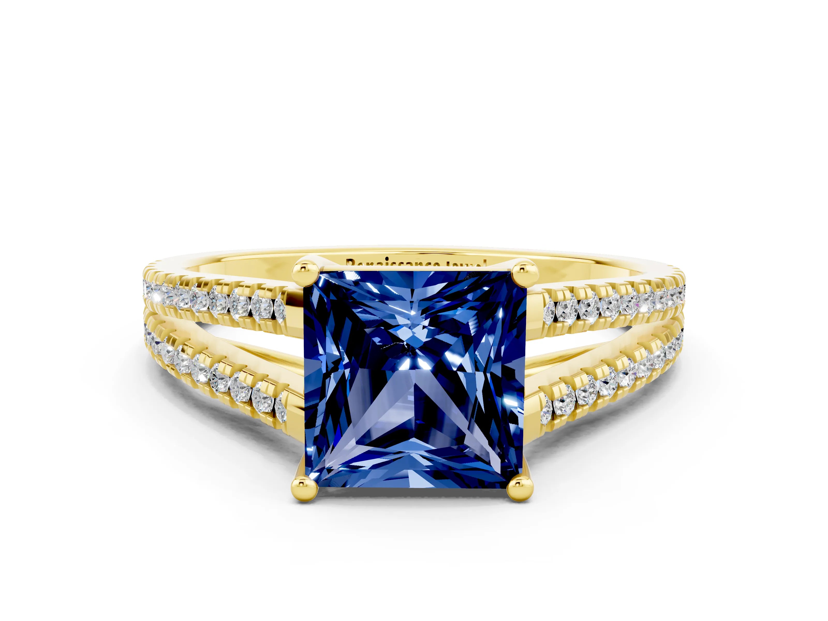 Yellow gold Princess Cut Blue Sapphire Solitaire Engagement Ring with Split Shank Pavé Band