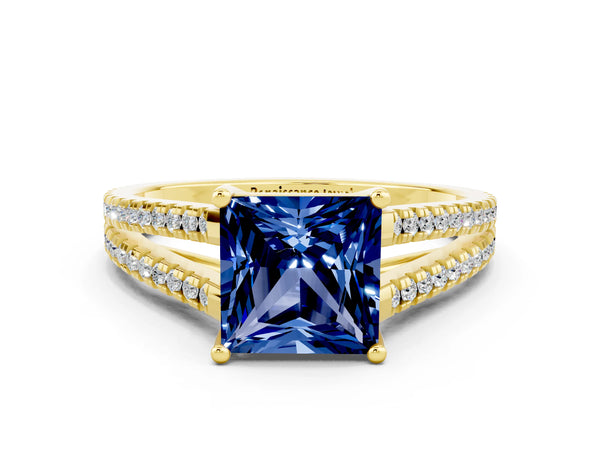Yellow gold Princess Cut Blue Sapphire Solitaire Engagement Ring with Split Shank Pavé Band