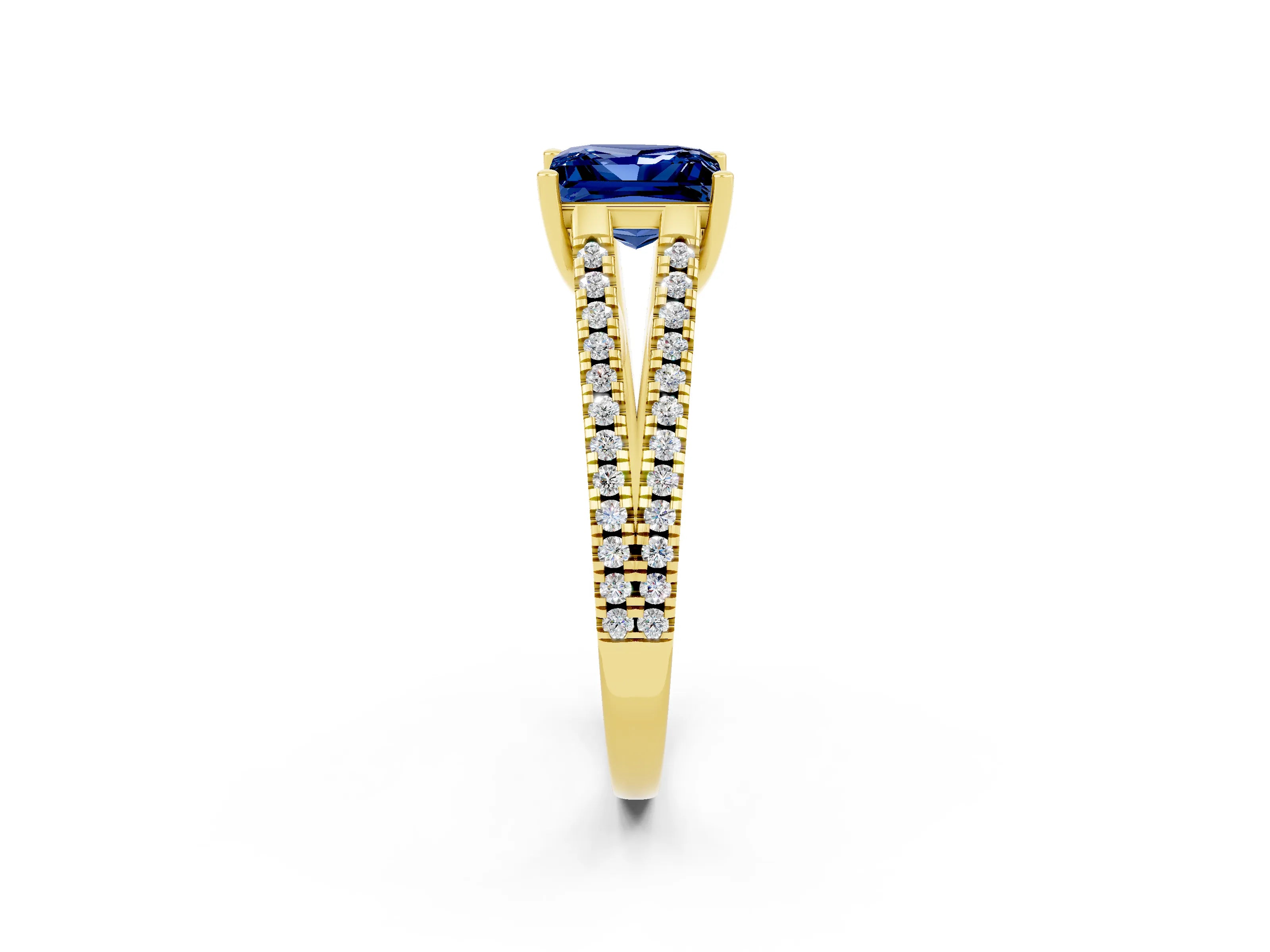 Yellow gold Princess Cut Blue Sapphire Solitaire Engagement Ring with Split Shank Pavé Band_2