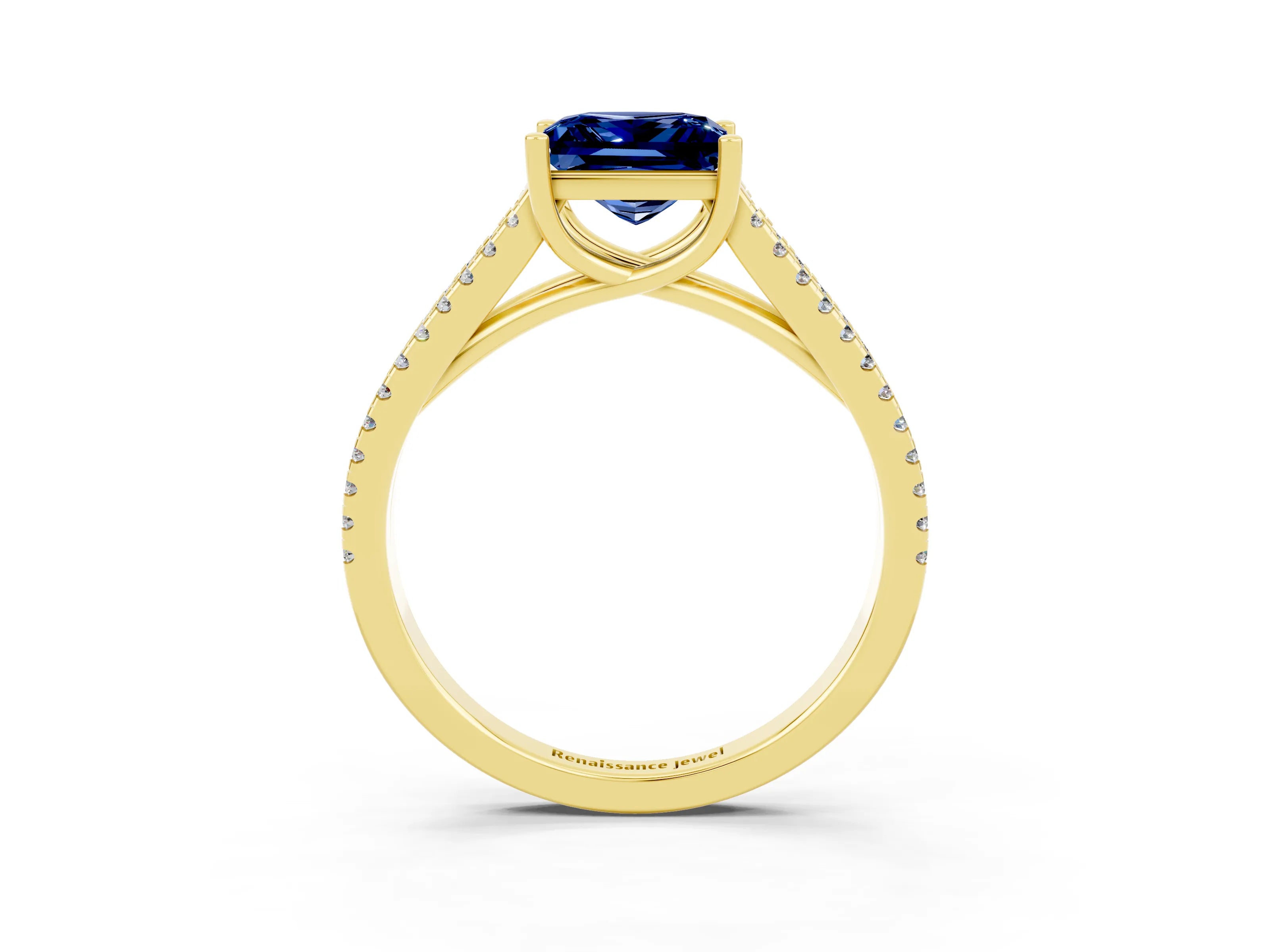 Yellow gold Princess Cut Blue Sapphire Solitaire Engagement Ring with Split Shank Pavé Band_3