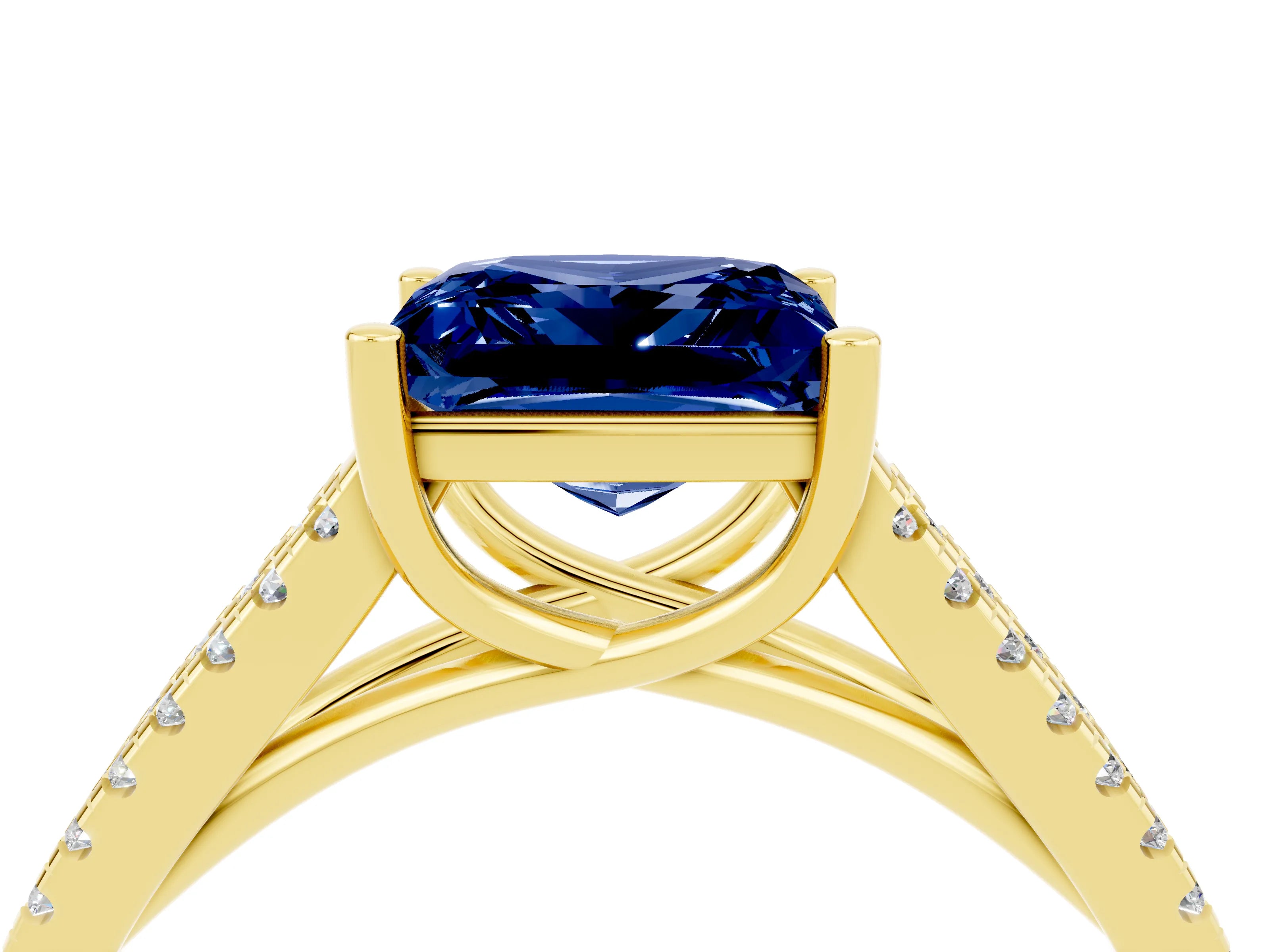 Yellow gold Princess Cut Blue Sapphire Solitaire Engagement Ring with Split Shank Pavé Band_4