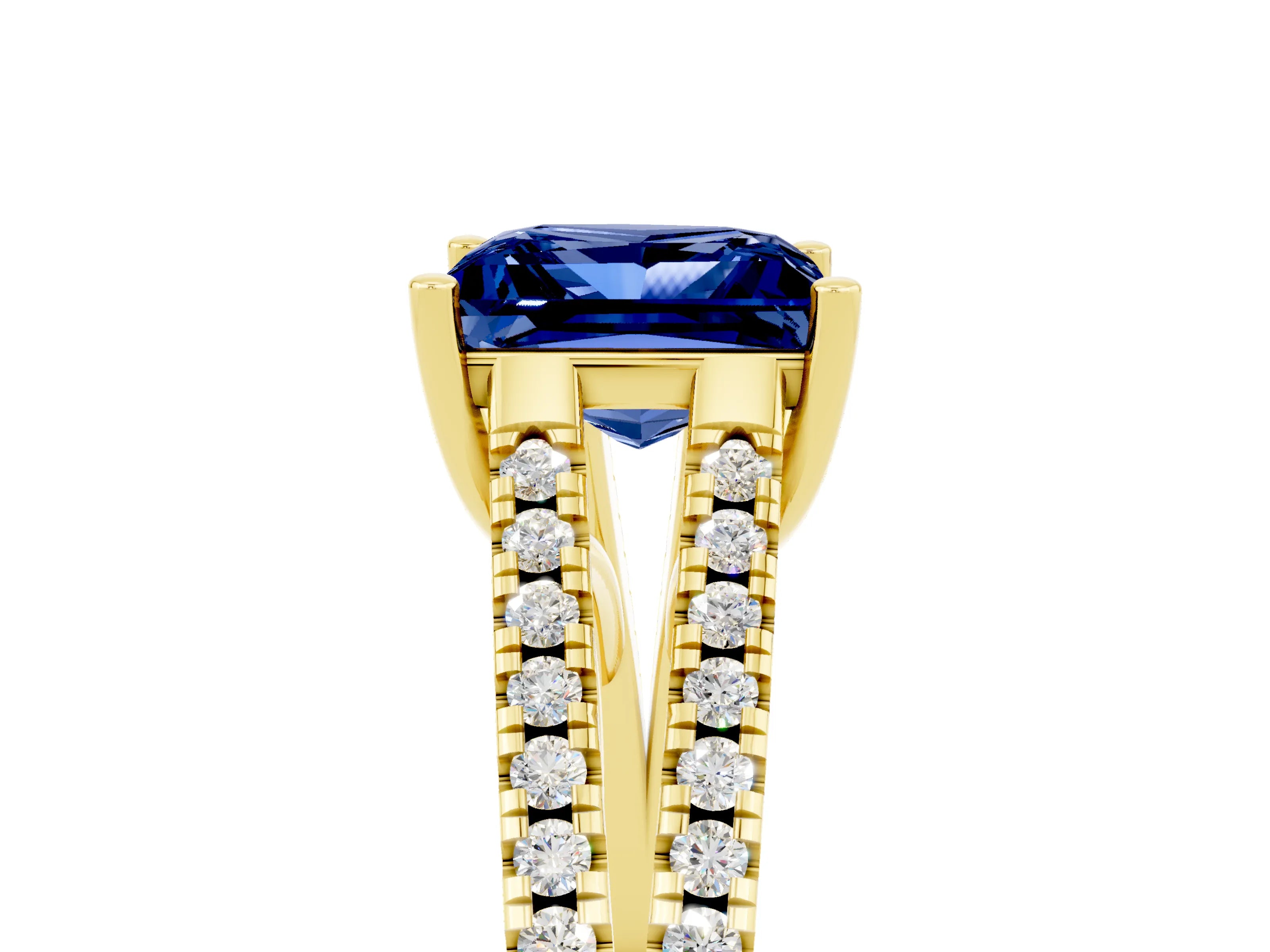Yellow gold Princess Cut Blue Sapphire Solitaire Engagement Ring with Split Shank Pavé Band_5