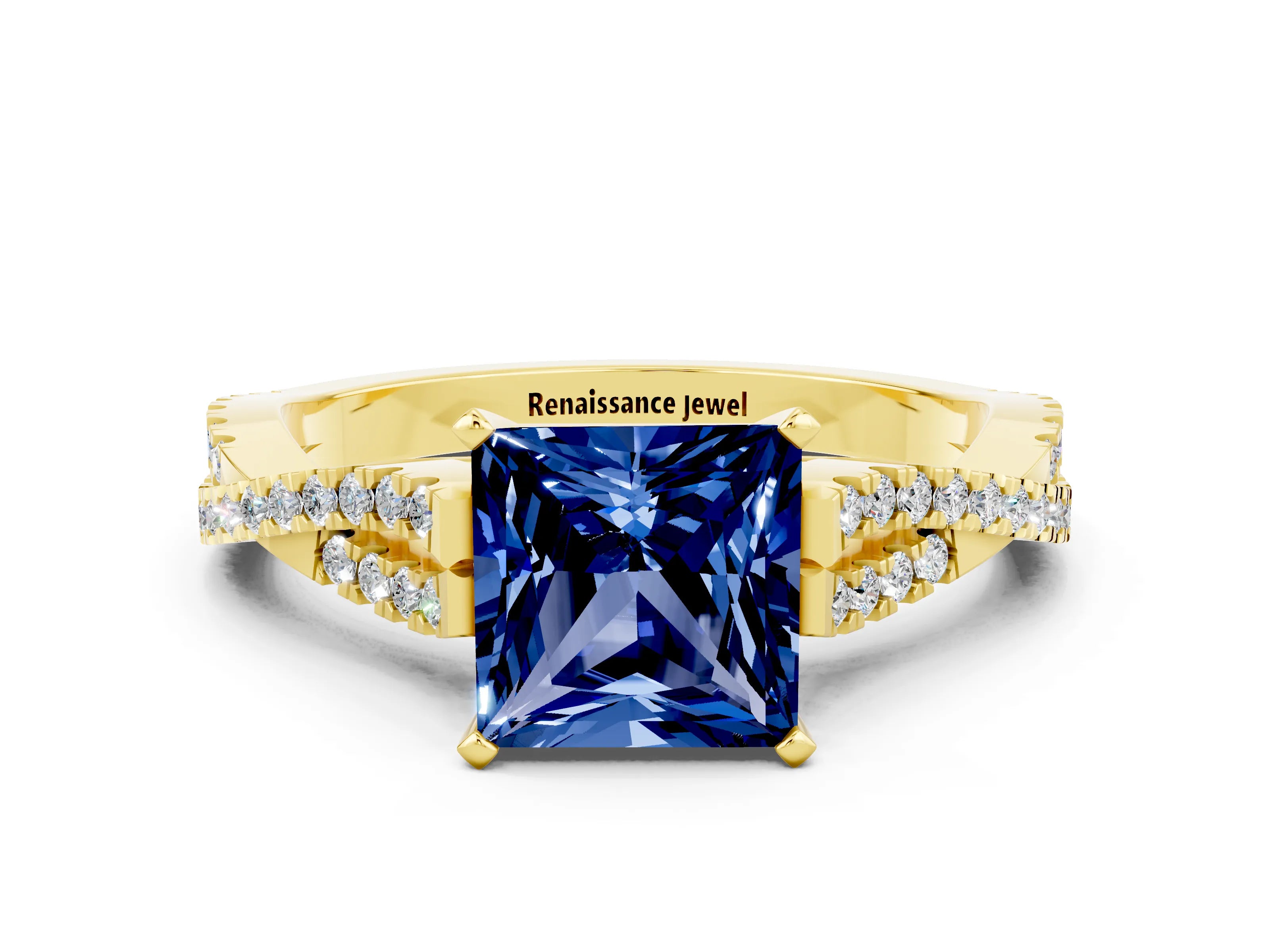 Yellow gold Princess Cut Blue Sapphire Solitaire Engagement Ring with Twisted Pavé Band and Four-Prong Setting_12