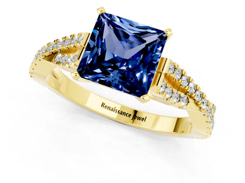 Yellow gold Princess Cut Blue Sapphire Solitaire Engagement Ring with Twisted Pavé Band and Four-Prong Setting_13