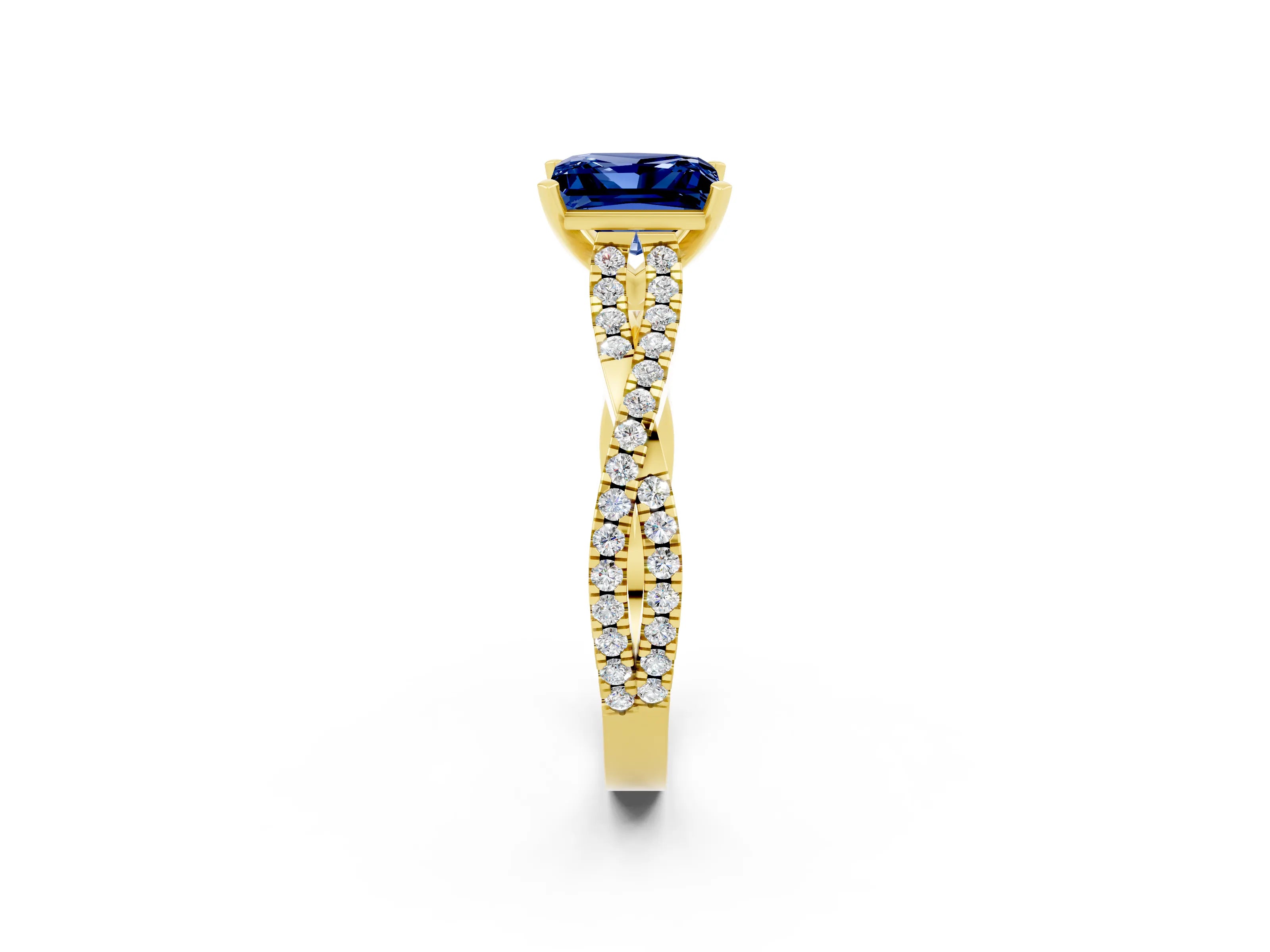 Yellow gold Princess Cut Blue Sapphire Solitaire Engagement Ring with Twisted Pavé Band and Four-Prong Setting_14