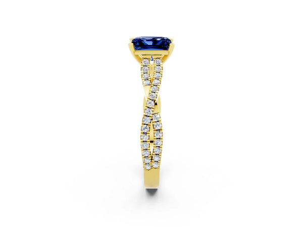 Yellow gold Princess Cut Blue Sapphire Solitaire Engagement Ring with Twisted Pavé Band and Four-Prong Setting