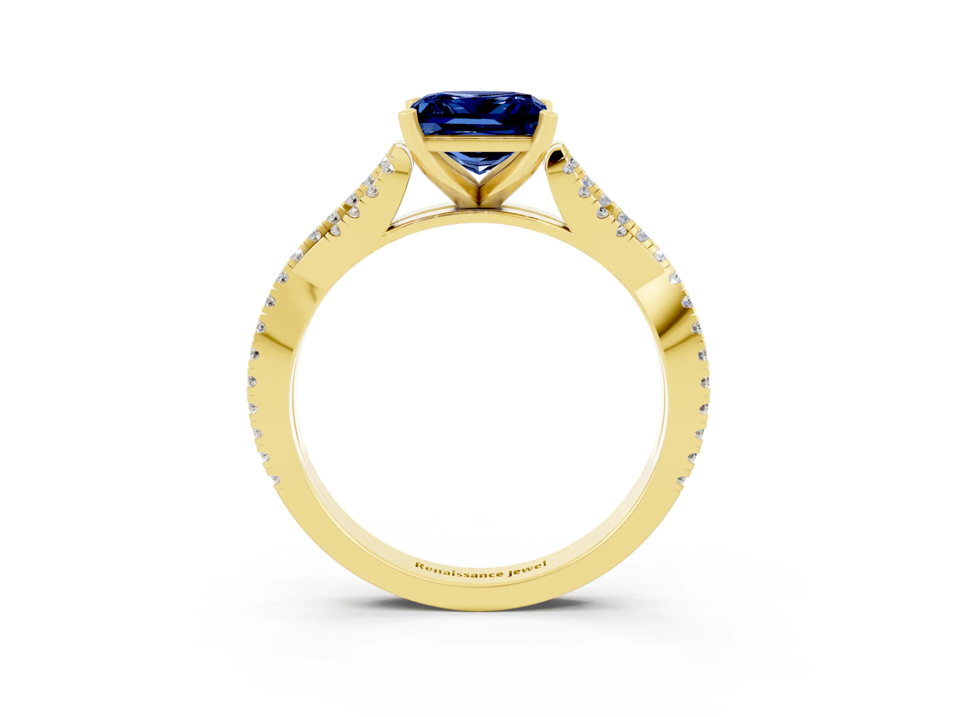 Yellow gold Princess Cut Blue Sapphire Solitaire Engagement Ring with Twisted Pavé Band and Four-Prong Setting_15