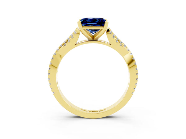 Yellow gold Princess Cut Blue Sapphire Solitaire Engagement Ring with Twisted Pavé Band and Four-Prong Setting
