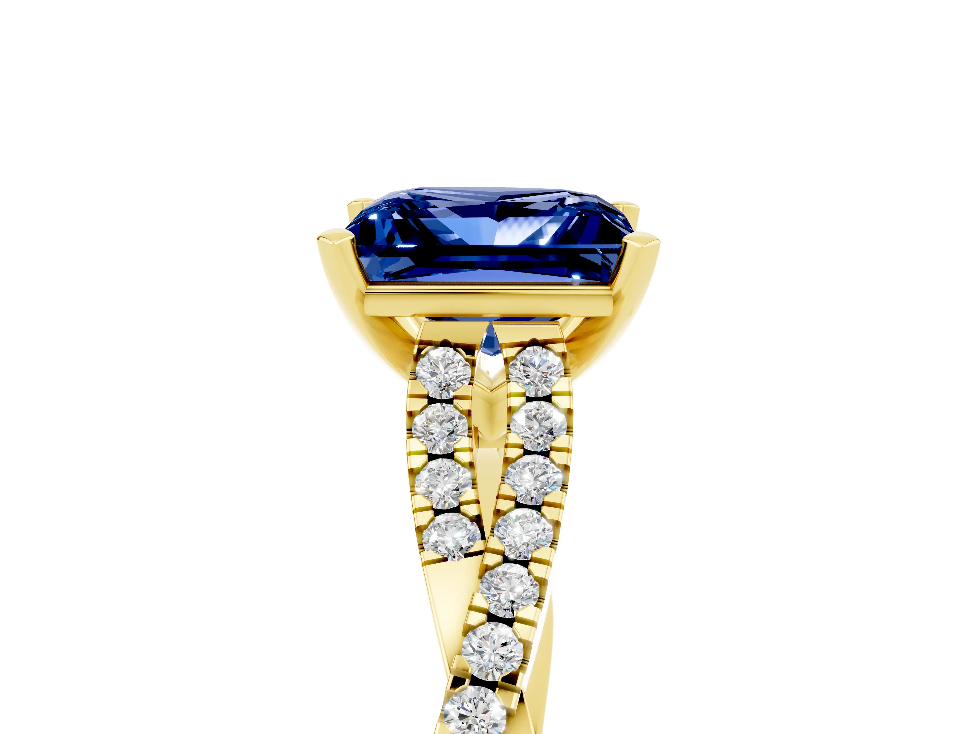 Yellow gold Princess Cut Blue Sapphire Solitaire Engagement Ring with Twisted Pavé Band and Four-Prong Setting_17