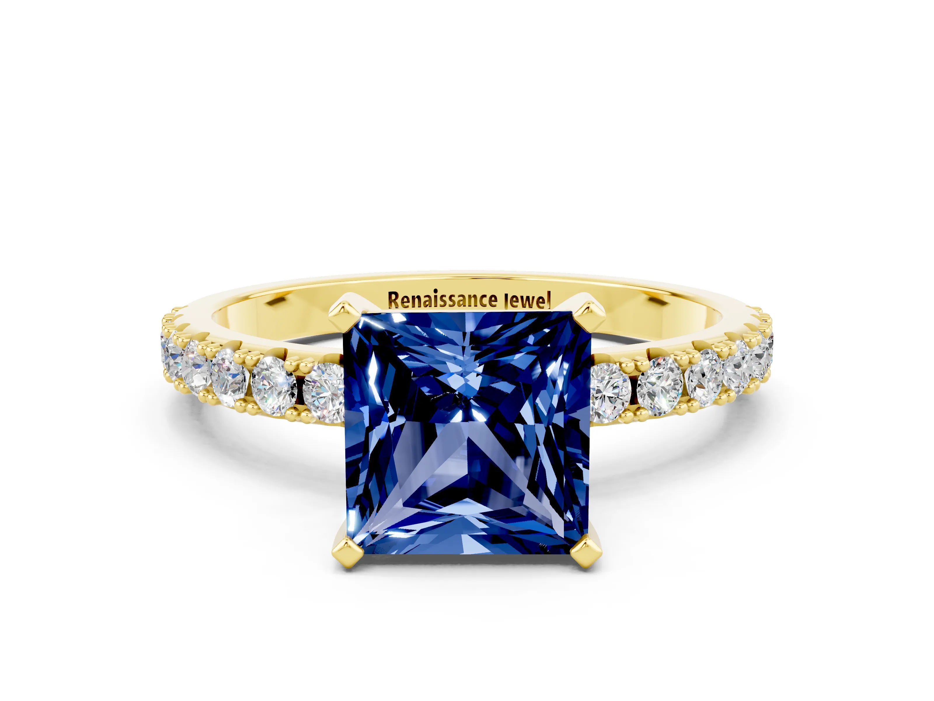Yellow gold Princess Cut Blue Sapphire Solitaire Pavé Band with Four-Prong Setting