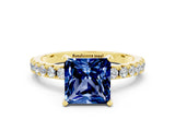 Yellow gold Princess Cut Blue Sapphire Solitaire Pavé Band with Four-Prong Setting