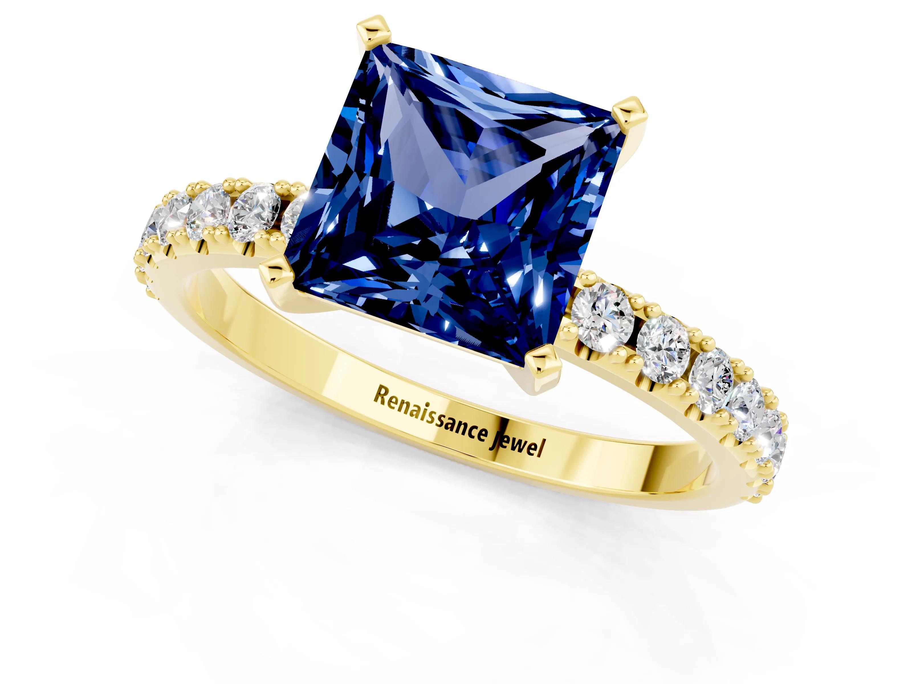 Yellow gold Princess Cut Blue Sapphire Solitaire Pavé Band with Four-Prong Setting_1