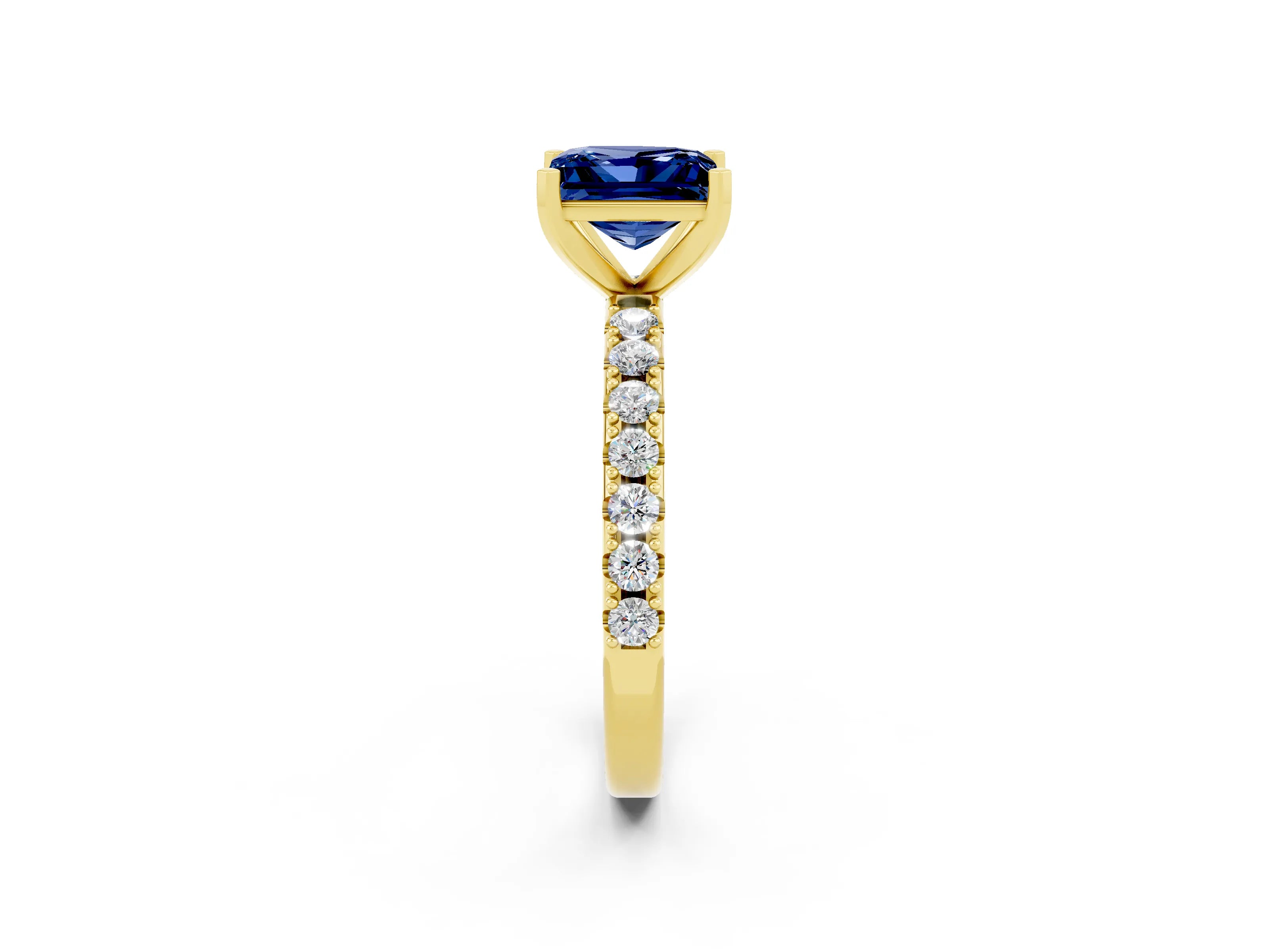 Yellow gold Princess Cut Blue Sapphire Solitaire Pavé Band with Four-Prong Setting_2