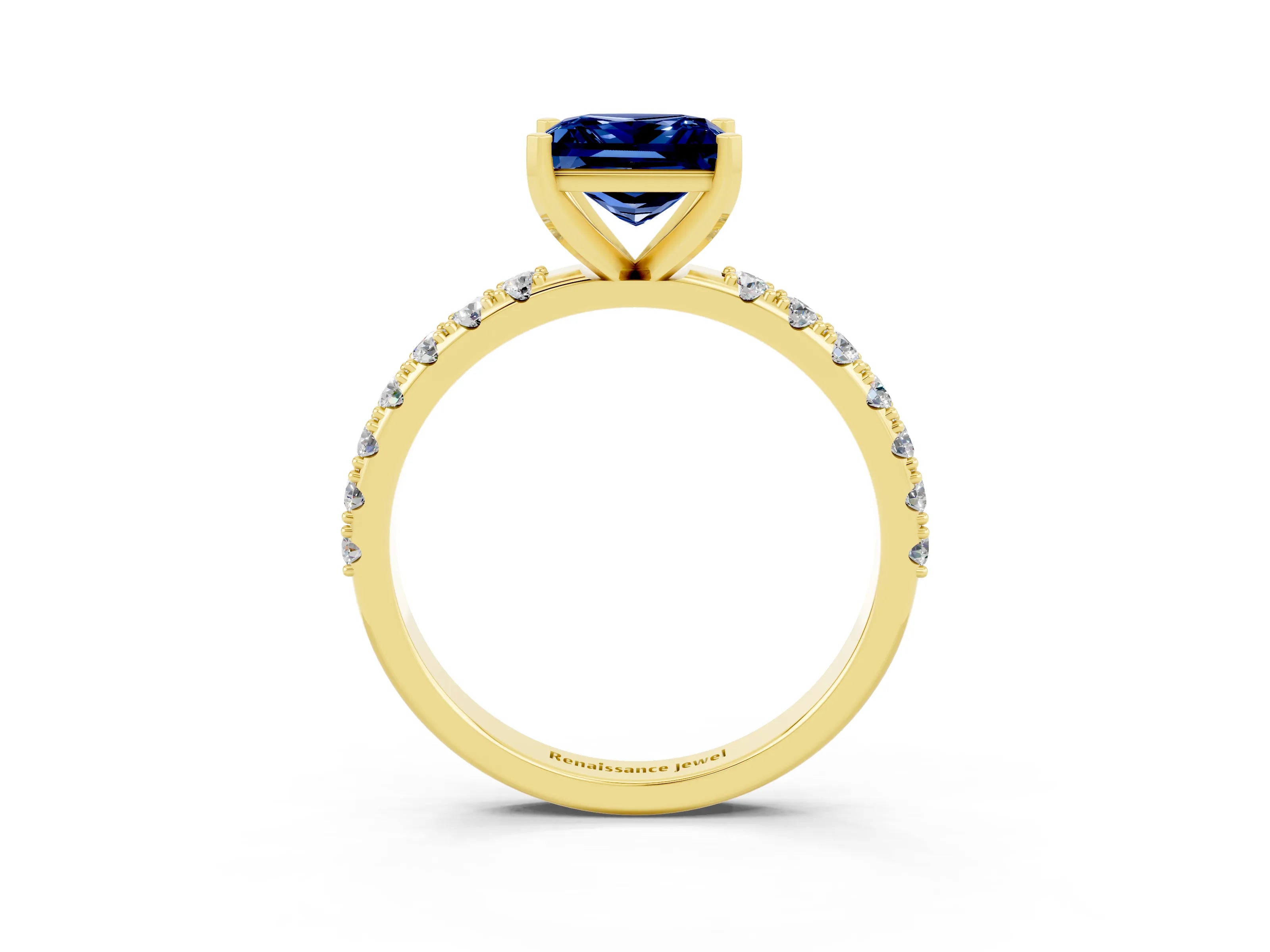 Yellow gold Princess Cut Blue Sapphire Solitaire Pavé Band with Four-Prong Setting_3