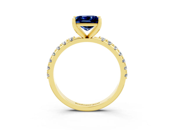 Yellow gold Princess Cut Blue Sapphire Solitaire Pavé Band with Four-Prong Setting