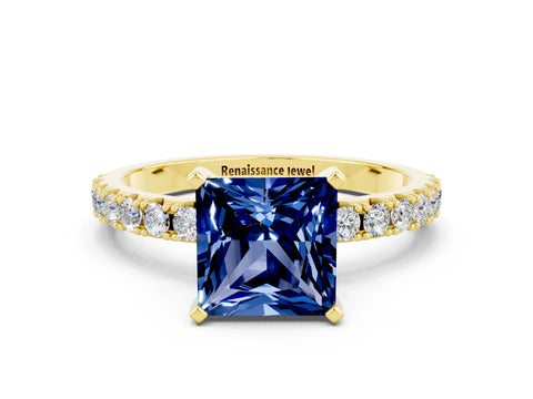 Yellow gold Princess Cut Blue Sapphire Solitaire Pavé Band with Four-Prong Setting