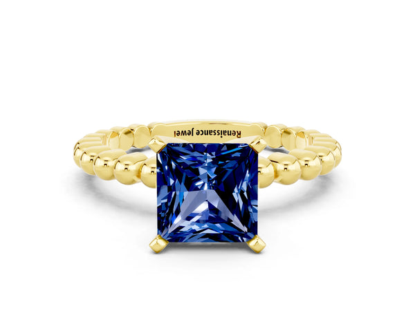Yellow gold Princess Cut Blue Sapphire Solitaire Ring with Beaded Band and Prong Setting
