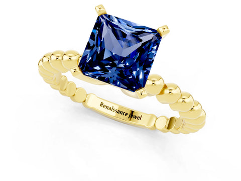 Yellow gold Princess Cut Blue Sapphire Solitaire Ring with Beaded Band and Prong Setting_1
