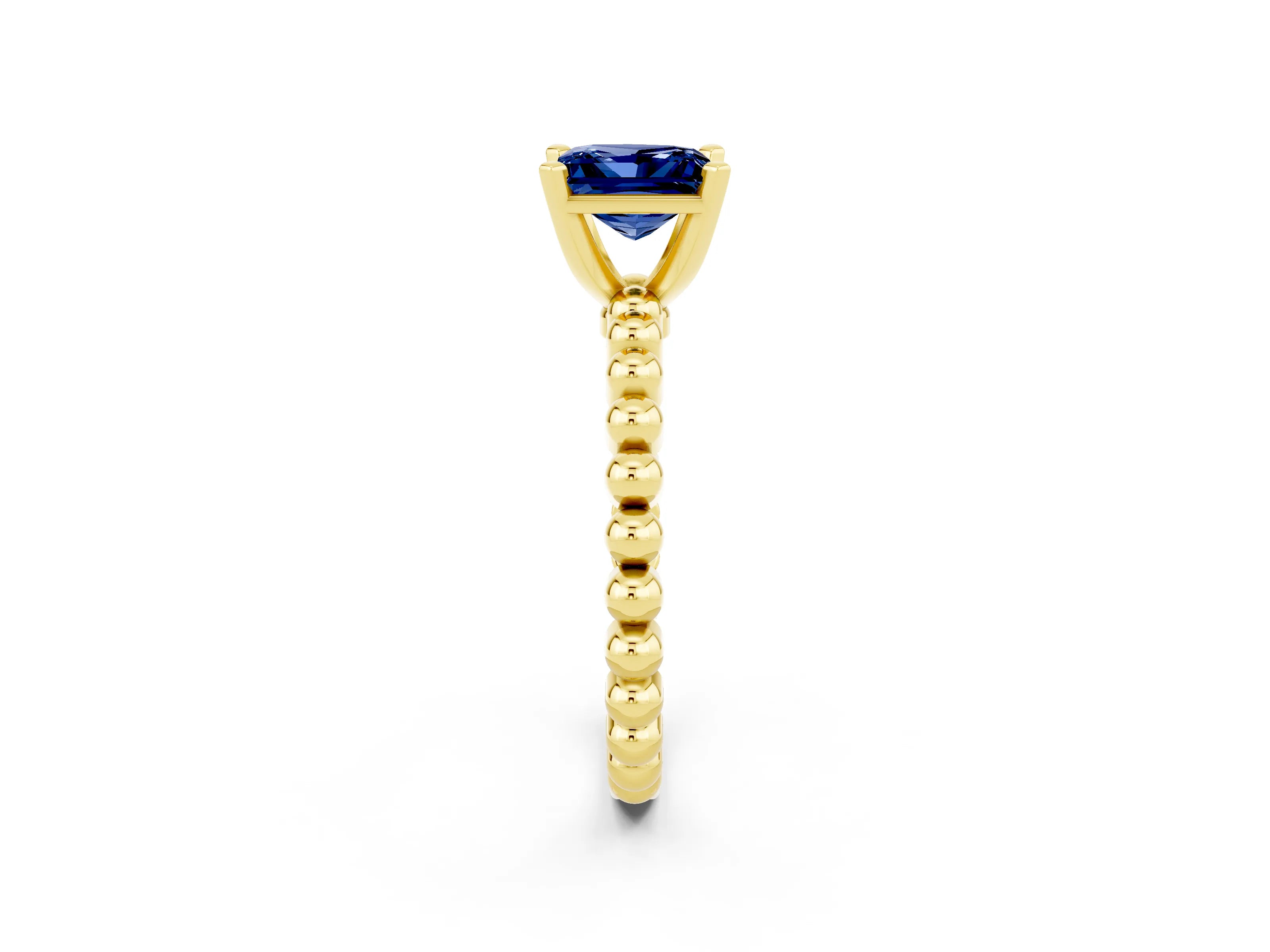 Yellow gold Princess Cut Blue Sapphire Solitaire Ring with Beaded Band and Prong Setting_2