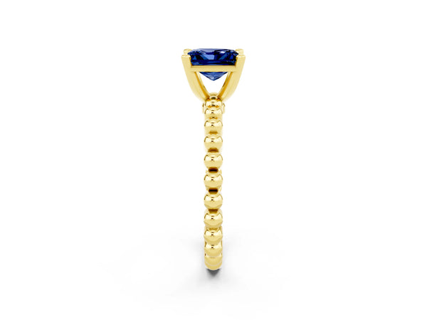 Yellow gold Princess Cut Blue Sapphire Solitaire Ring with Beaded Band and Prong Setting