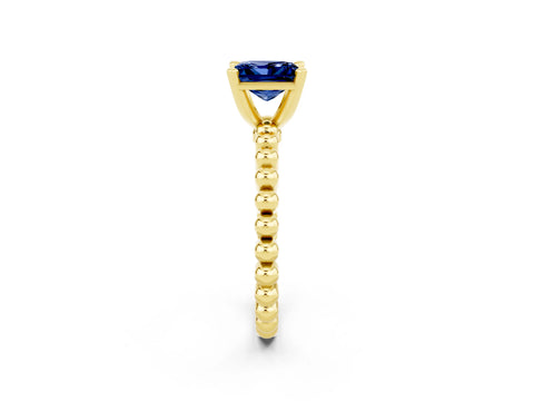 Yellow gold Princess Cut Blue Sapphire Solitaire Ring with Beaded Band and Prong Setting_2