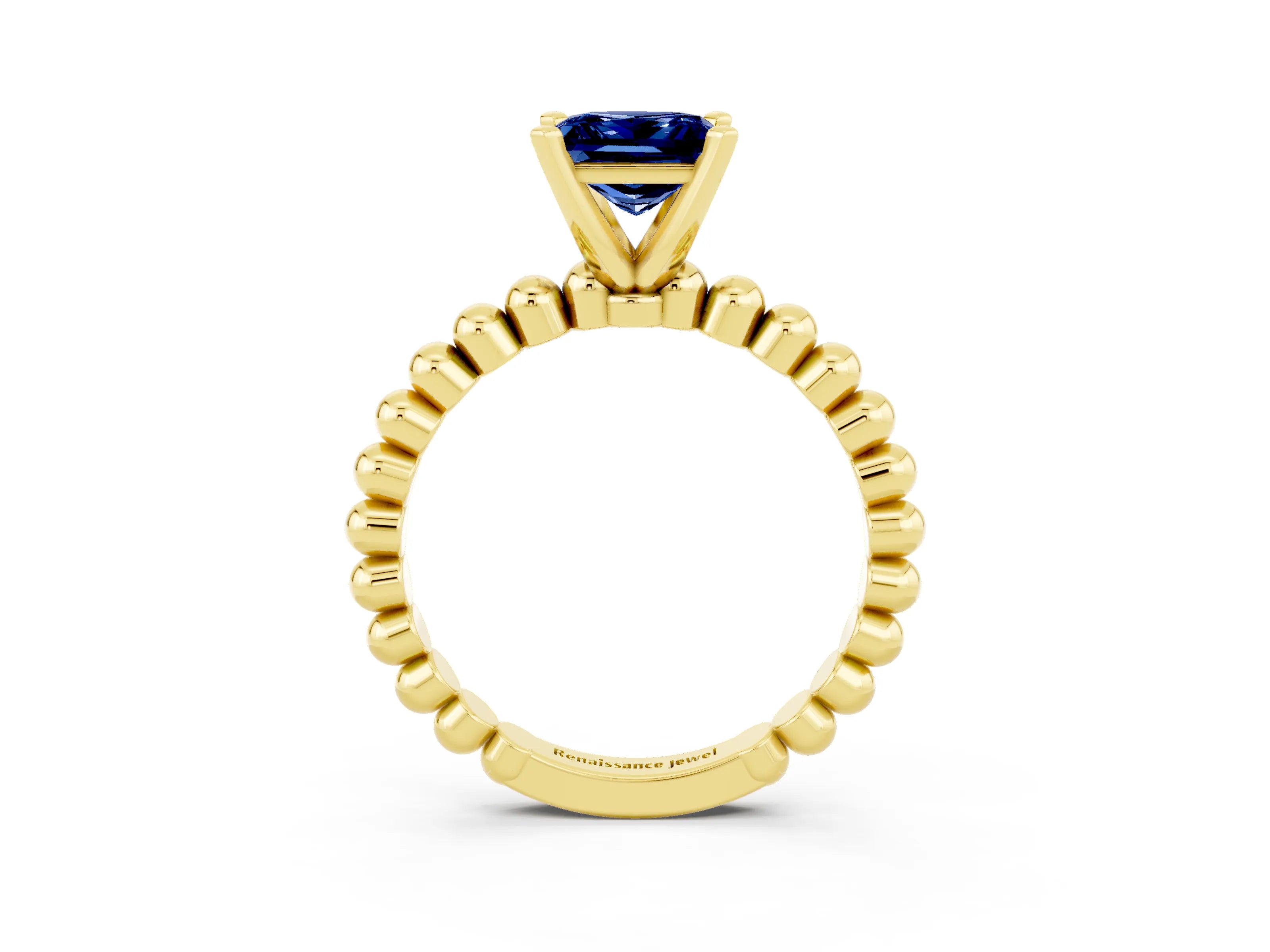Yellow gold Princess Cut Blue Sapphire Solitaire Ring with Beaded Band and Prong Setting_3