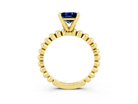 Yellow gold Princess Cut Blue Sapphire Solitaire Ring with Beaded Band and Prong Setting_3