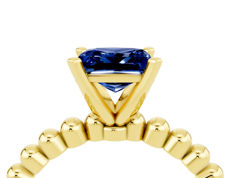 Yellow gold Princess Cut Blue Sapphire Solitaire Ring with Beaded Band and Prong Setting_4