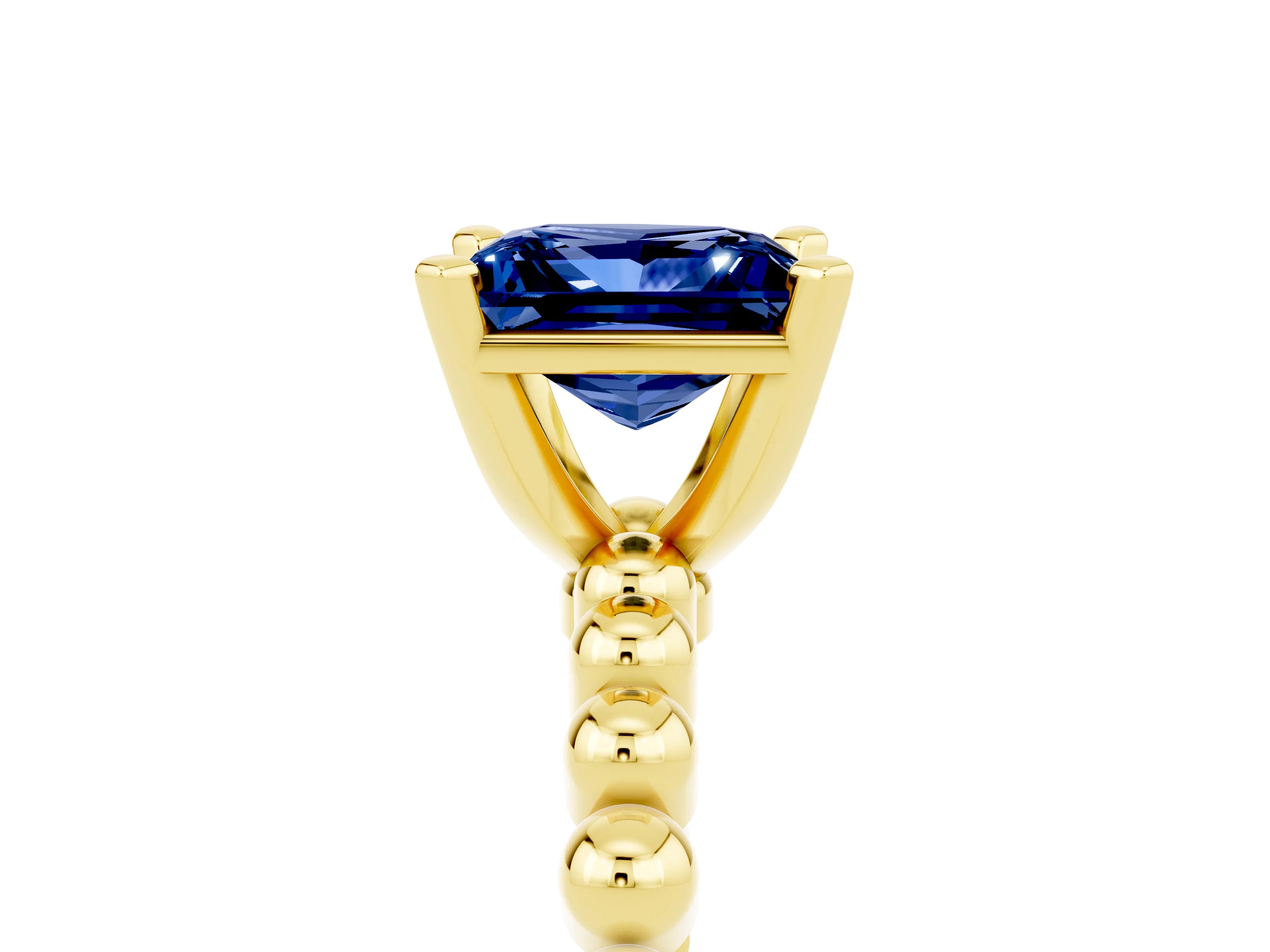 Yellow gold Princess Cut Blue Sapphire Solitaire Ring with Beaded Band and Prong Setting_5